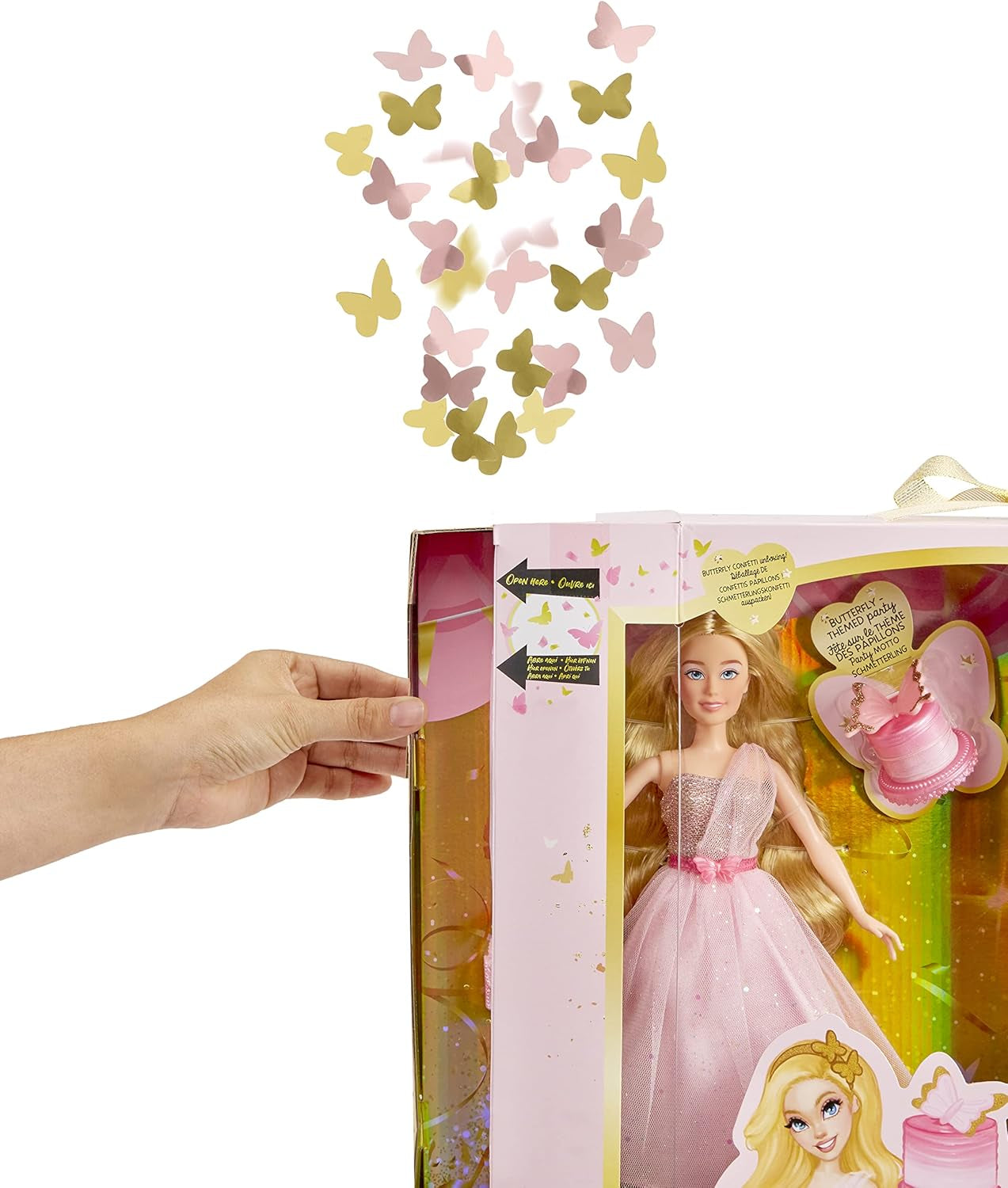 MGA's Dream Ella Let's Celebrate Puppe - ARIA - 29 cm grosse Blonde Party Modepuppe - Rosa & Gold Glitter Konfettischmetterlinge - 5 Accessoires - Pour les petits et les enfants à partir de 4 ans