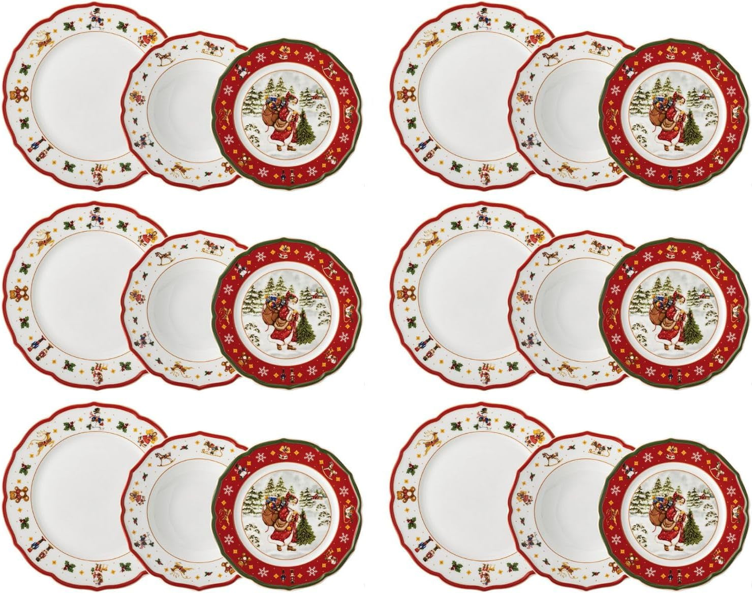Hutschenreuther Service de table de Noël rouge Happy Wintertime pour 6 personnes, porcelaine, multicolore, 6 assiettes de petit-déjeuner, 6 assiettes plates et 6 assiettes plates, passe au lave-vaisselle et au micro-ondes