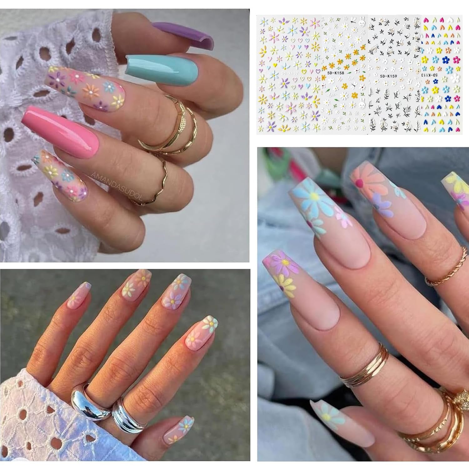 Set d'autocollants pour ongles pour le design des ongles, 4 feuilles de thèmes de décoration pour ongles, parfaits pour les ongles en gel 3D et les bandes de gel UV