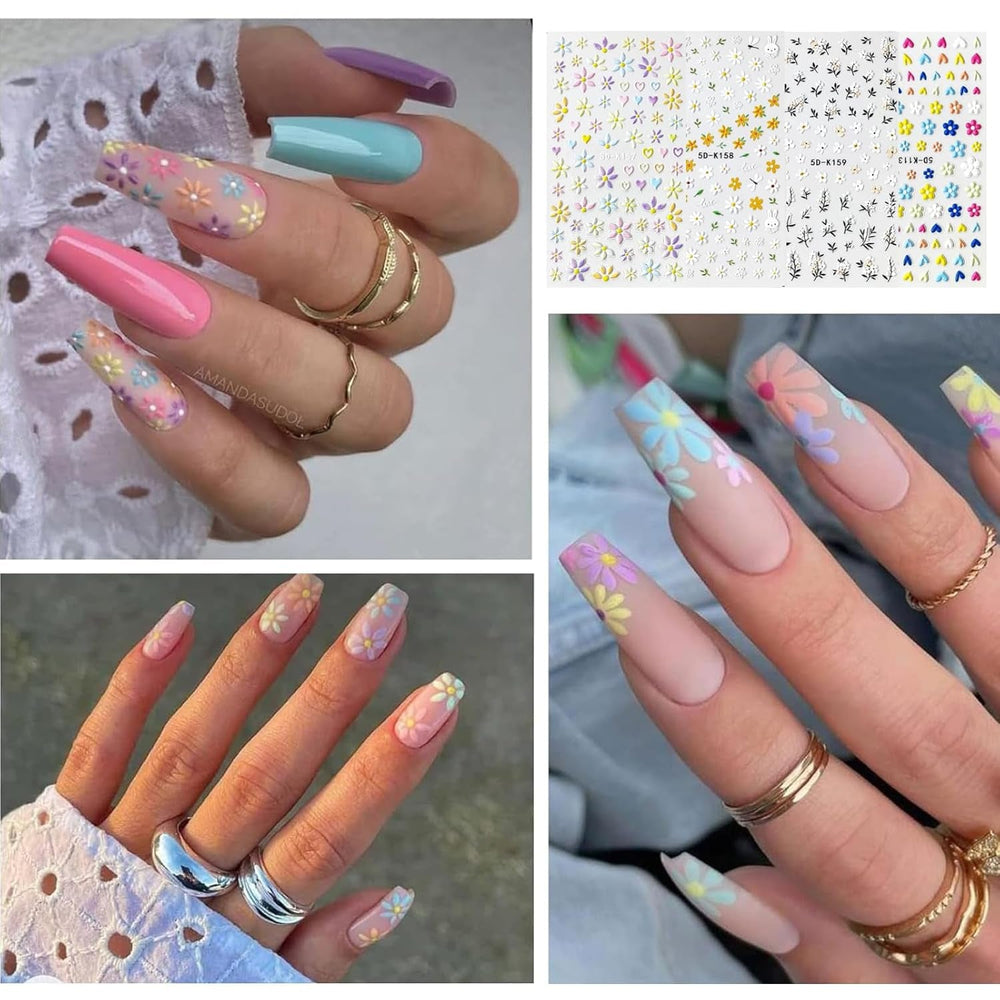 Set d'autocollants pour ongles pour le design des ongles, 4 feuilles de thèmes de décoration pour ongles, parfaits pour les ongles en gel 3D et les bandes de gel UV