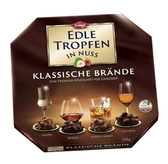 Fine Drops in Brandies Classic Nuts 250 g de pralines au chocolat fourrées liquides avec glaçage au chocolat au lait et morceaux de noisettes croquantes
