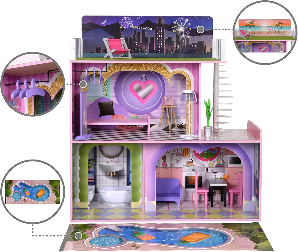 Olivia's Little World Big Dreamland Sunset Maison de poupée interactive en bois pour enfants contemporaine 3 étages avec 16 accessoires de meubles de poupée Multi TD-13616A Maisons de poupées Naty Shop