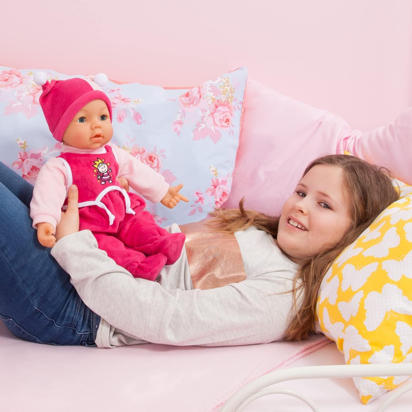 Funktionspuppe Hello Baby mit Geräuschen, bewegt den Mund, poupée interactive, Babypuppe, avec accessoires, 46 cm, rose