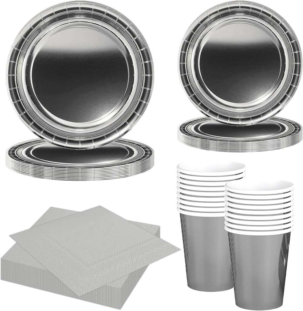 68 Pièces Ensemble de Couverts en Papier Argenté Assiettes en Carton Argenté Gobelets en Papier Serviettes Vaisselle Décorative pour Fête Anniversaire Mariage Nouvel An Fournitures de Fête de Remise des Diplômes