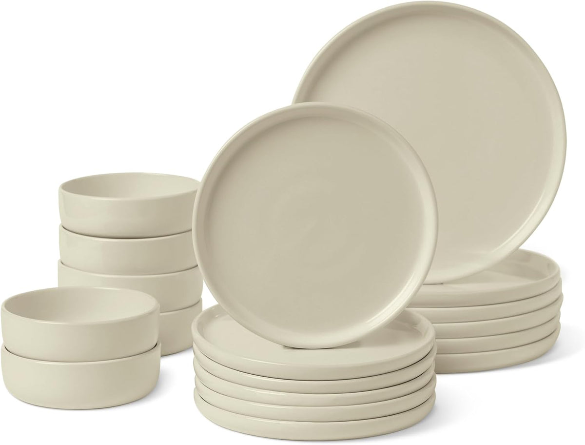 Amazon Basics Service de table en grès émaillé, 18 pièces, 6 ensembles complets, passe au lave-vaisselle, ivoire