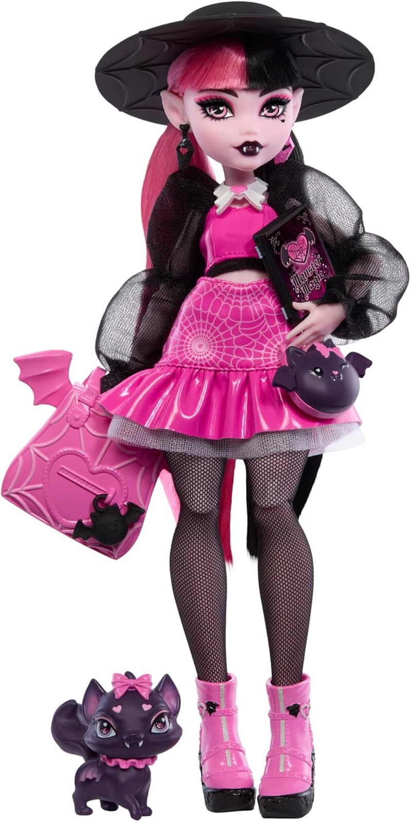 Poupée Monster High Draculaura avec son chat chauve-souris Count Fabulous et des accessoires tels qu'un sac à dos, un livre de sorts, une boîte à bento et plus encore, HRP64 Naty Shop Dolls Count Fabulous