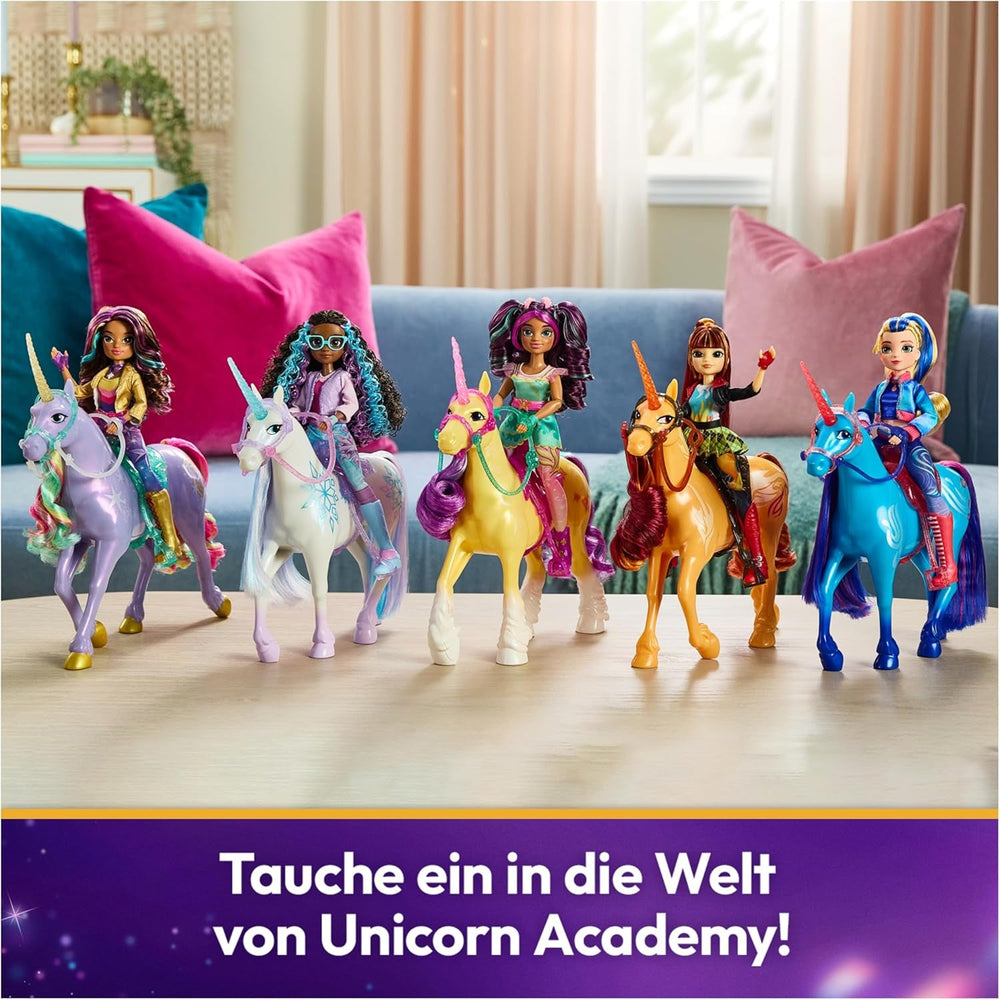 Unicorn Academy Einhorn Cinder - 28 cm groß, Original-Einhorn von Valentina zur Netflix-Serie, mit echter Mähne und Schweif, abnehmbarem Zaumzeug und Sattel sowie Bürste, für Kinder ab 4 Jahren