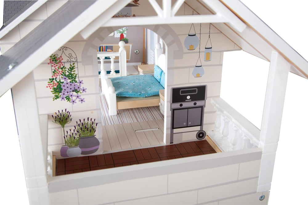 Small Foot Maison de poupée en bois à 3 étages avec façade ouverte et 12 meubles pour 3 ans et plus 11802 Blanc Gris