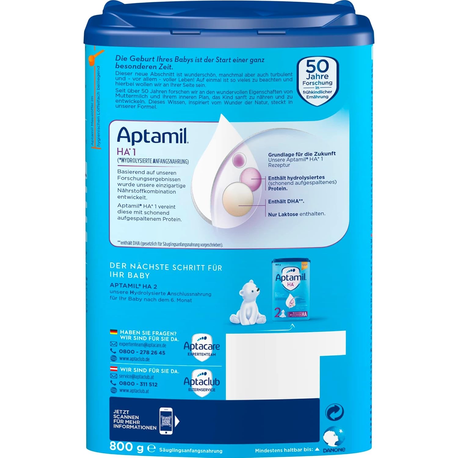 Aptamil HA 1 – Mélange de lait de consommation, avec DHA, sans lactose, sans huile de palme, poudre de bébé, poudre de lait, 1x 800 g (emballage avec 4)