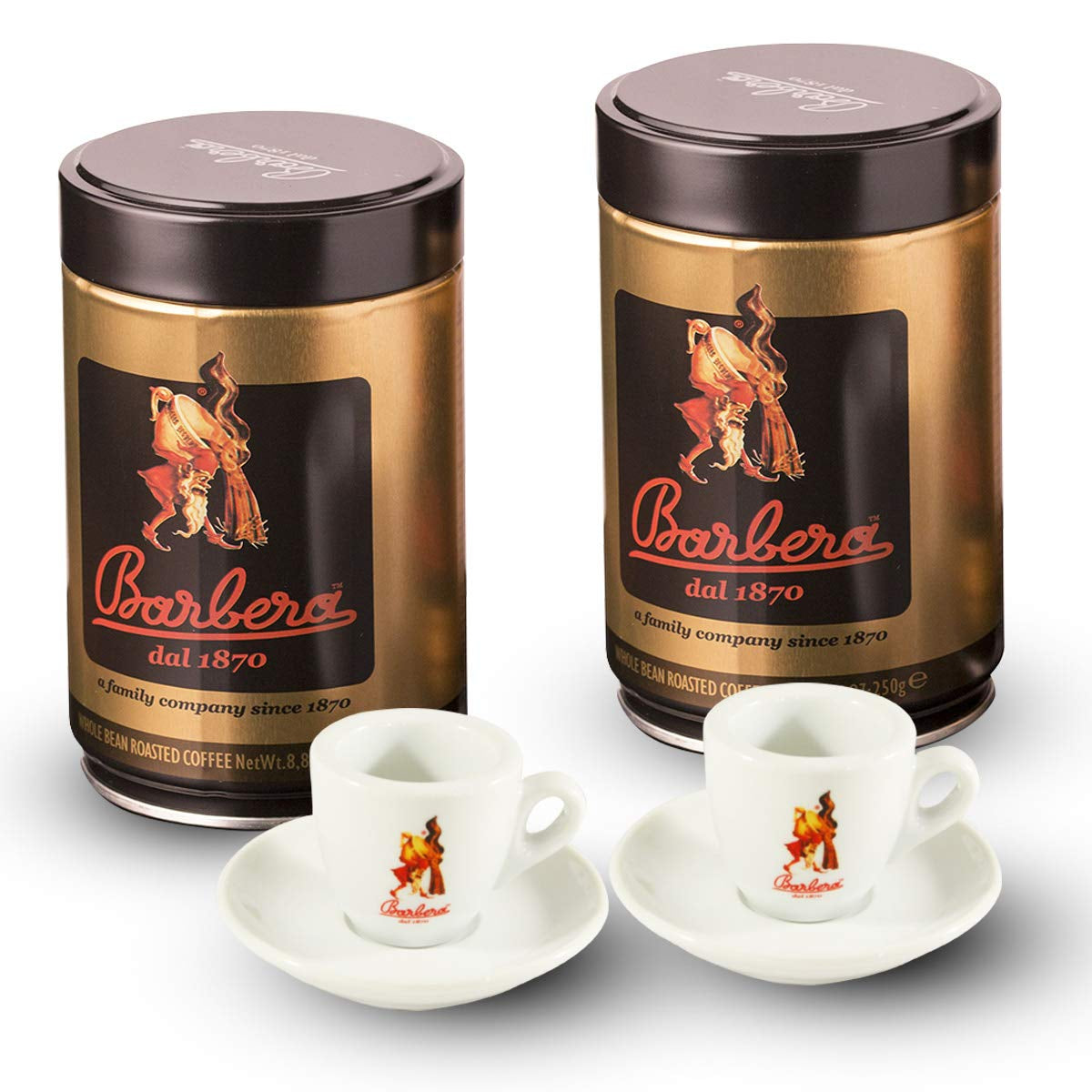 Caffè Barbera - 2 boîtes de grains entiers + 2 tasses d'espresso