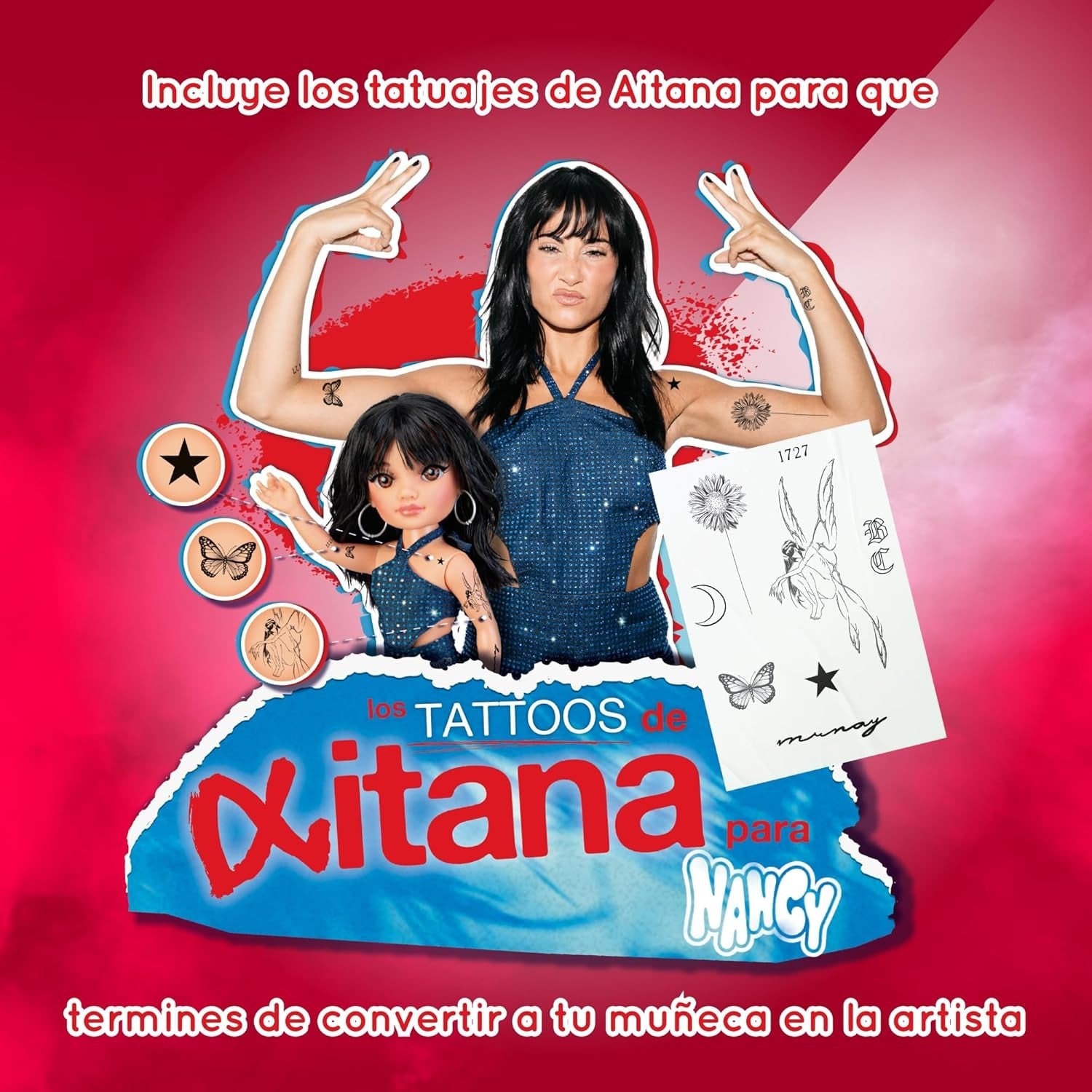 Aitana Alphahouse, Puppe als Sängerin, dunkle Mähne mit geschichtetem Schnitt, Set entworfen von JC Pajares, Tattoo-Blatt von Aitana, Echtheitszertifikat, 3+ Jahre, berühmt (NAC85000)