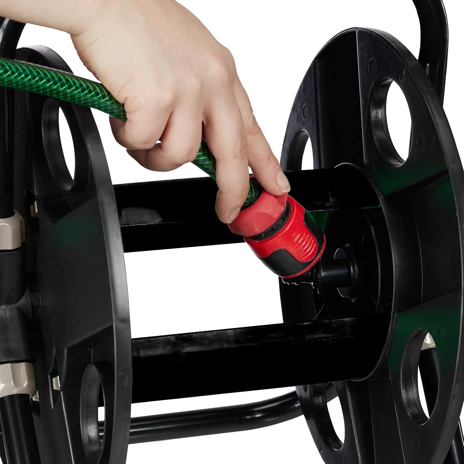 Enrouleur de tuyau Relaxdays, pour tuyau 30 m 1/2", acier, plastique, support de tuyau, HL : 38 x 42 x 31 cm, noir-gris