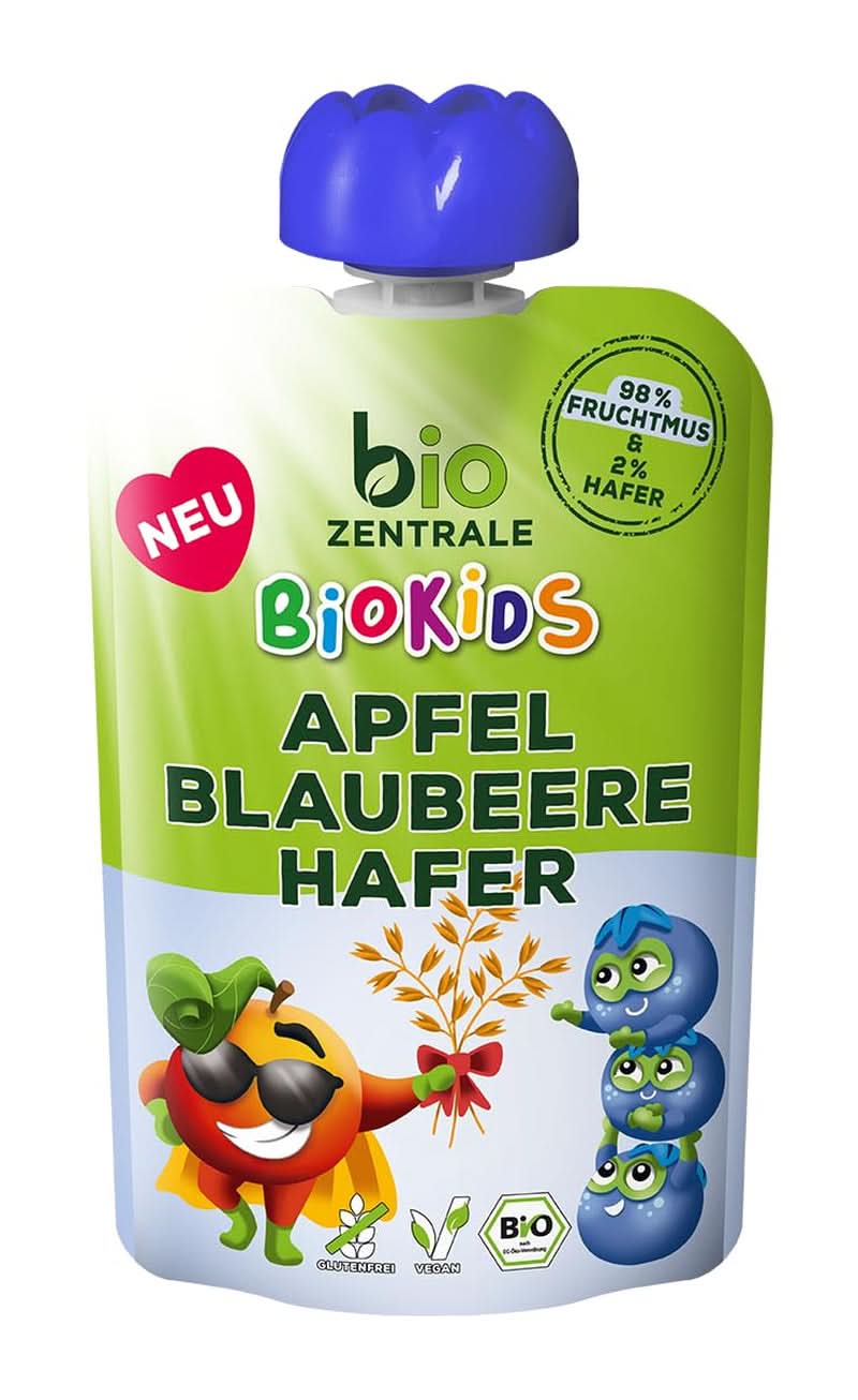 Biozentrale Biokids Piure de fructe mere afine ovăz | 12X90G | Gustare vegană cu fructe și ovăz | Fara adaos de zahar granulat Mama si Copilul Naty Shop