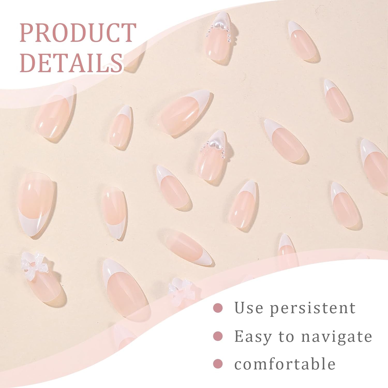 Faux ongles français à pression en amande blanche, 24 pièces, avec nœuds, perles, colle sur faux ongles, paillettes