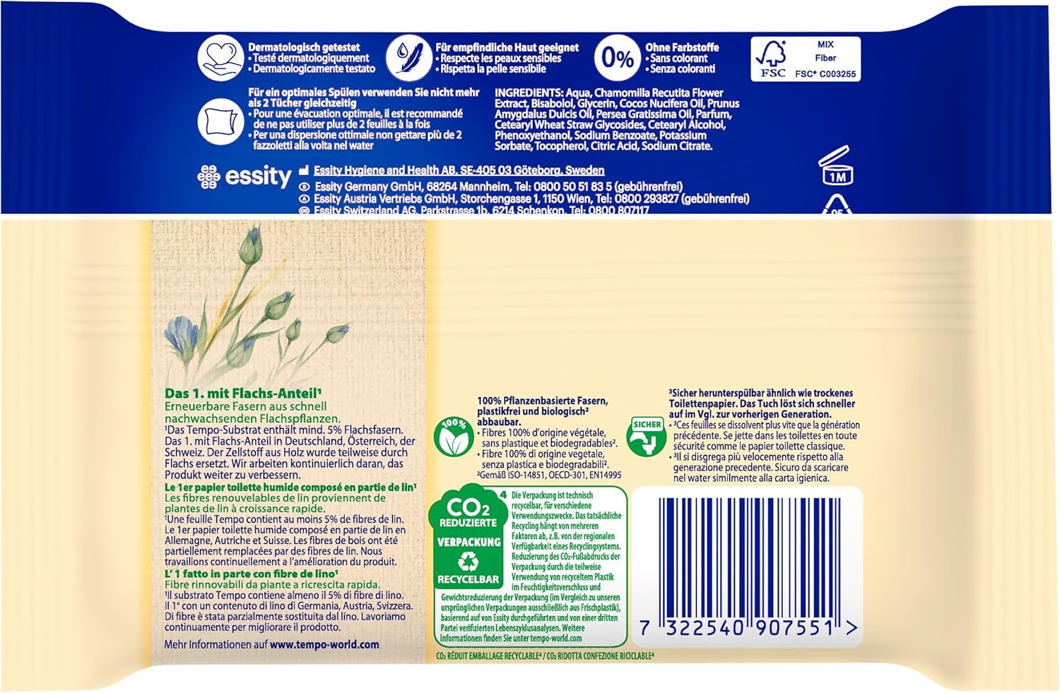 Lingettes de toilette Tempo "Doux & Soin" - Megapack - 16 paquets de 42 lingettes - Duo Packs - à la camomille naturelle - papier toilette, testé dermatologiquement et neutre au Ph de la peau