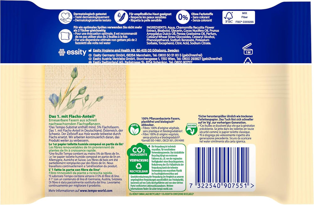 Lingettes de toilette Tempo "Doux & Soin" - Megapack - 16 paquets de 42 lingettes - Duo Packs - à la camomille naturelle - papier toilette, testé dermatologiquement et neutre au Ph de la peau