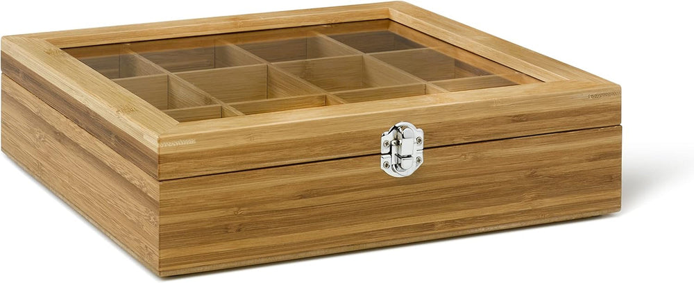 Bredemeijer Grande boîte à thé en bois clair avec 12 compartiments et fenêtre de visualisation 28 cm de longueur Boîtes de conservation des aliments Naty Shop Boîte à thé en bois avec fenêtre 12 compartiments