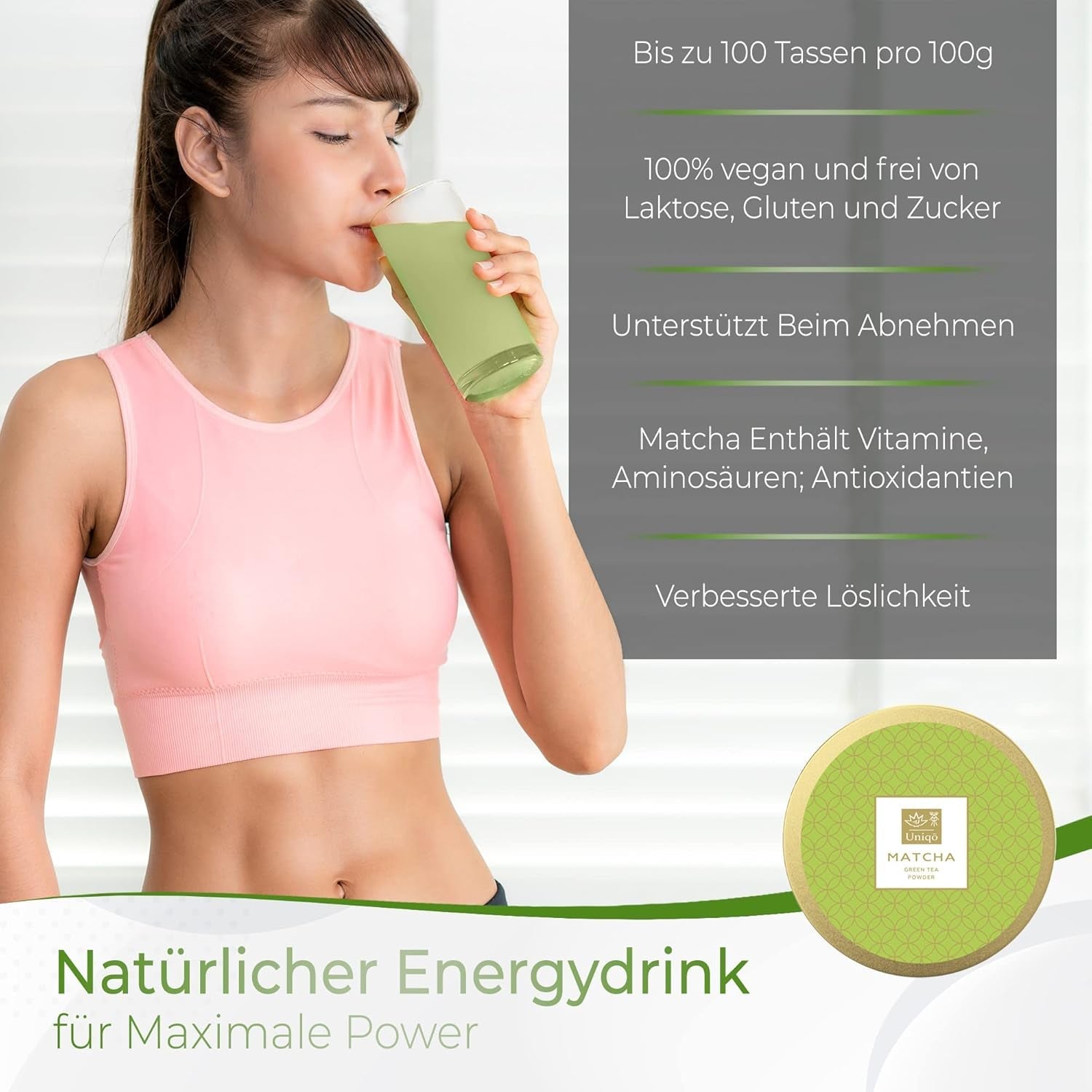 Uniqo Thé Matcha en poudre 200 g dans un emballage écologique rechargeable