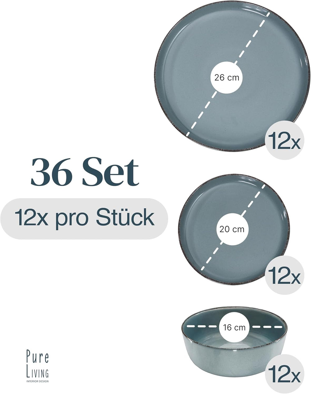 Steingut Geschirrset 12 Personen Rustique 36 tlg. TESTSIEGER, Hochwertiges Landhaussttil Steingut Geschirr Set, Schüssel- und Teller Set, Tafelservice 12 Personen, Geschirrsets Pure Living à Rauchblau