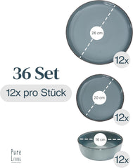 Steingut Geschirrset 12 Personen Rustique 36 tlg. TESTSIEGER, Hochwertiges Landhaussttil Steingut Geschirr Set, Schüssel- und Teller Set, Tafelservice 12 Personen, Geschirrsets Pure Living à Rauchblau