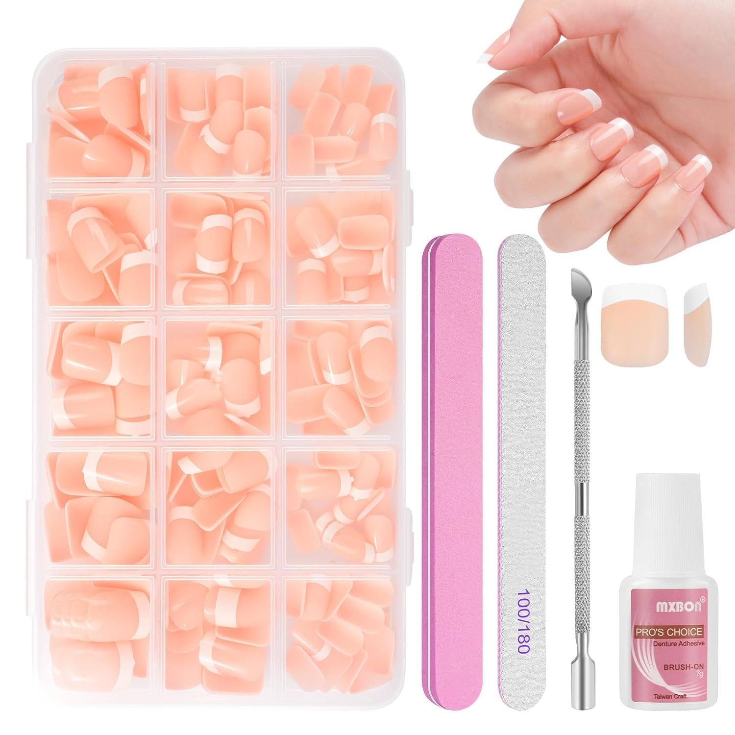 Lot de 240 faux ongles à pression française, 12 tailles, faux ongles avec colle pour femmes et hommes (blanc nu amande moyenne)