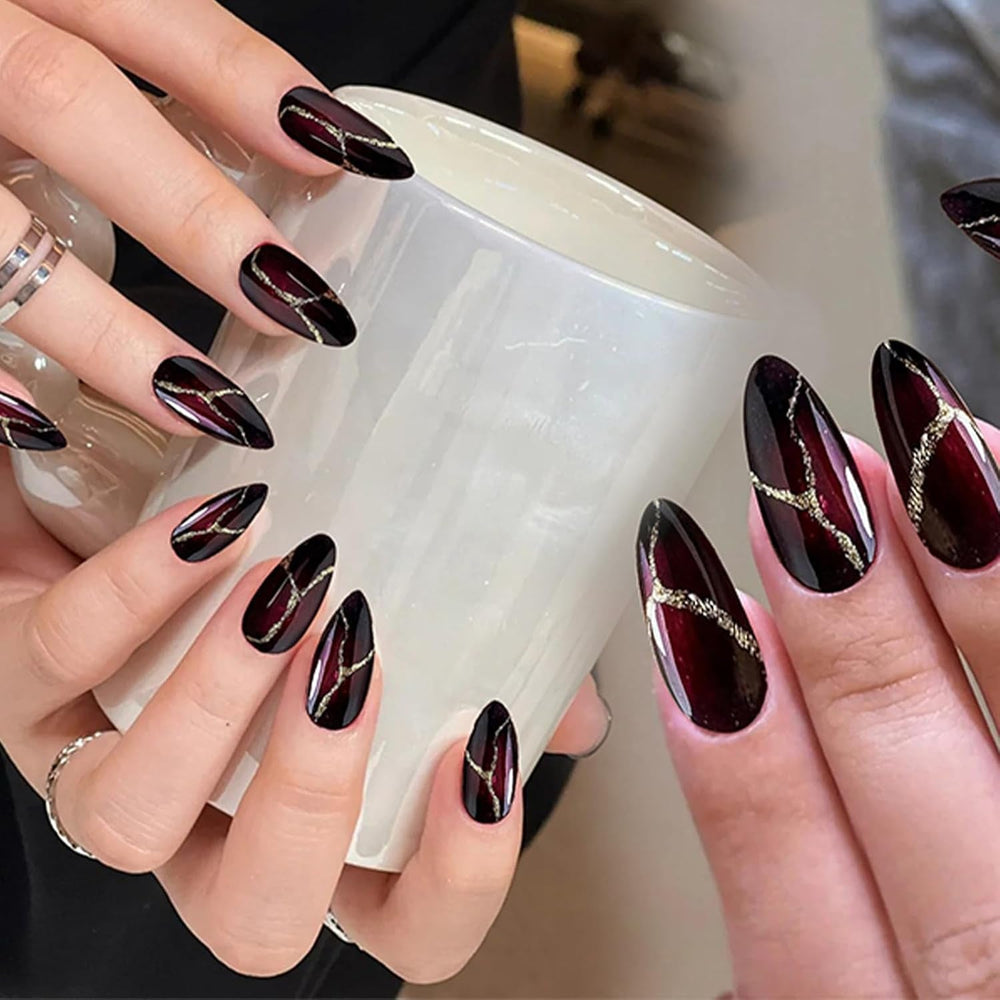 24 pièces faux ongles rouges et noirs colle sur faux ongles colle sur ongles pointes d'ongles en forme d'amande couverture complète faux ongles ensemble d'ongles à pression faux ongles rouges et noirs