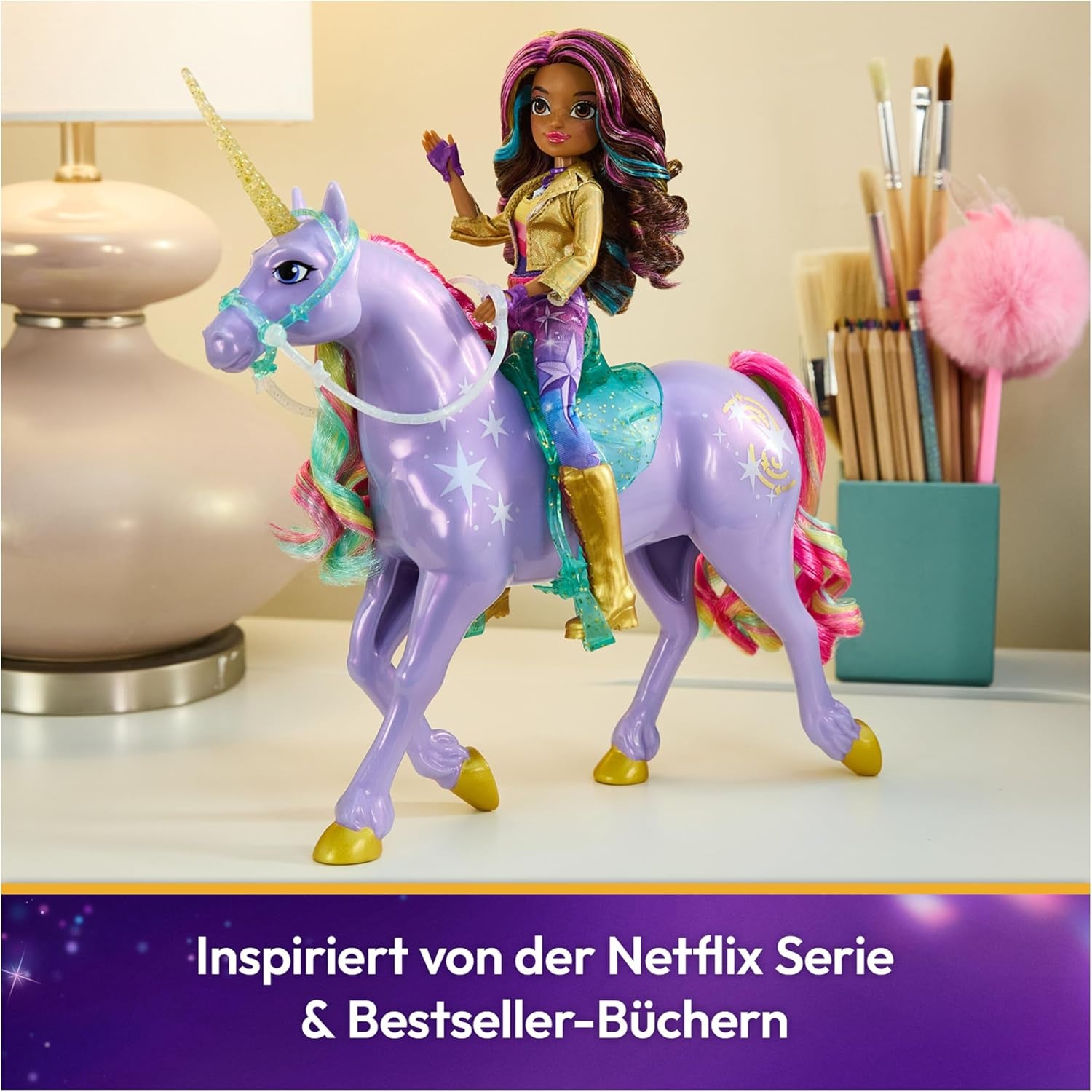 Wildstar Unicorn par Unicorn Academy - Licorne Sophia originale de 28 cm de haut de la série Netflix avec une vraie crinière et une vraie queue, une bride, une selle et une brosse amovibles, à partir de 4 ans