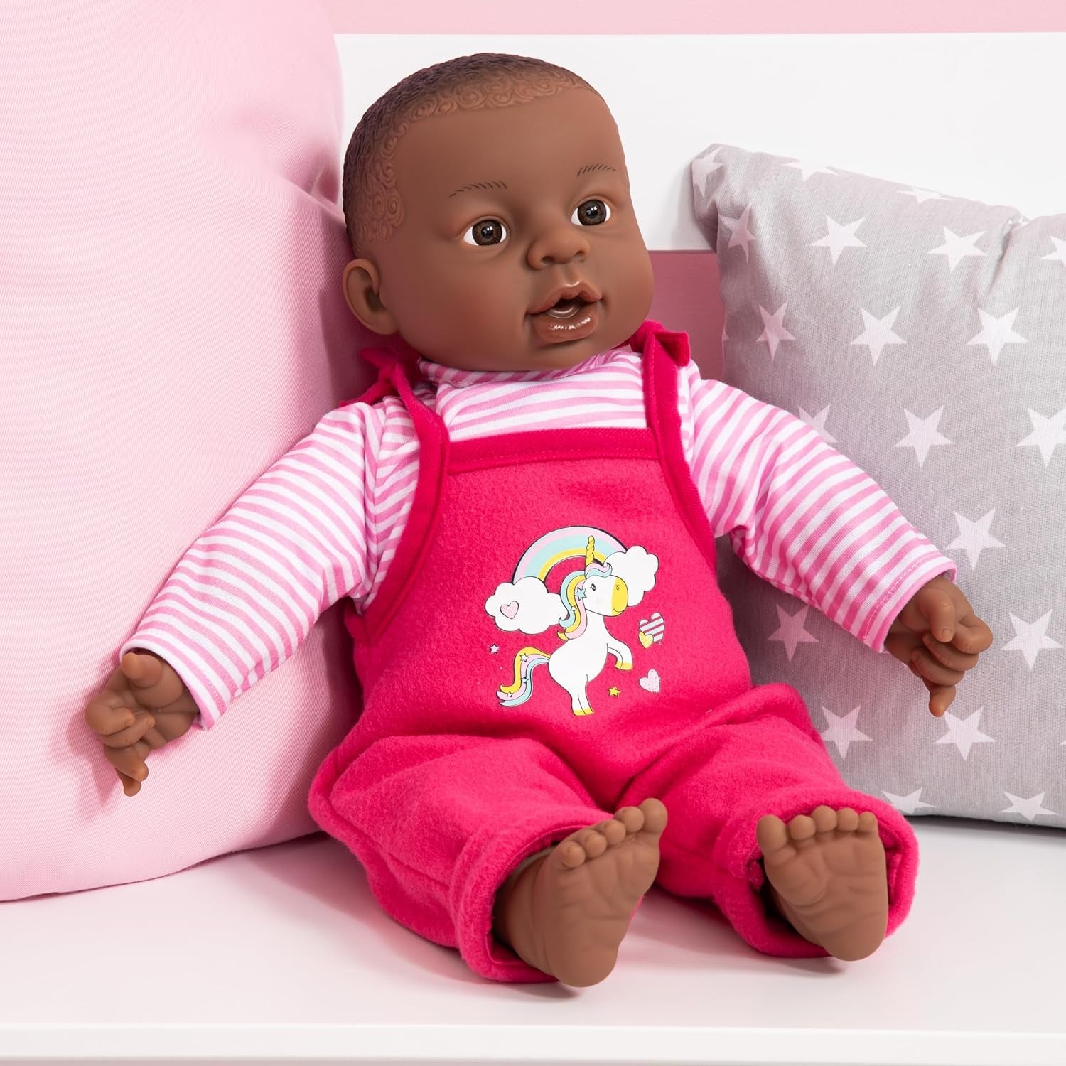 Bayer Design 94001AI Funktionspuppe, Babypuppe interaktiv, sprechend, weicher Körper, 40 cm, dunkelhäutig, Rosa