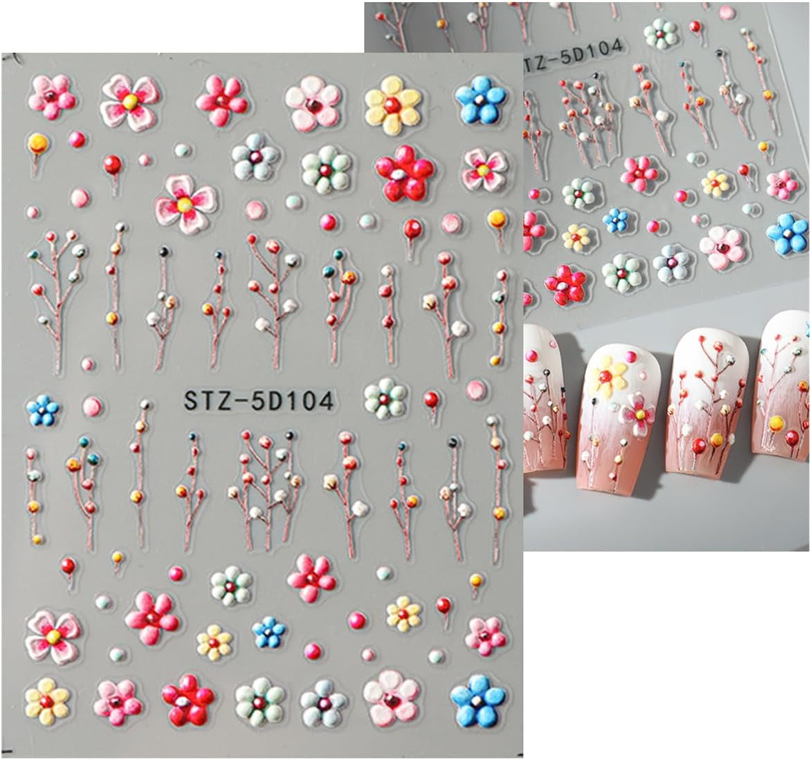 JMEOWIO 3D Nail Art Autocollant Fleur Nail Art Autocollant Selbstklebend Nagelaufkleber 5D Stéréoscopique Frühling Sommer Floral Décoration Nageldesign Zubehör 4 Blatt