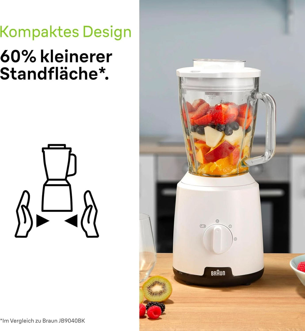 Braun Powerblend 1 JB1050WH - Batteur sur socle avec 1,5 L de bols de mixage en verre, accessoires de cuisine pour mélanger, purifier et mélanger, fonction glace pilée, 2 vitesses de cuisson, 600 watts, blanc cuisine Naty Shop