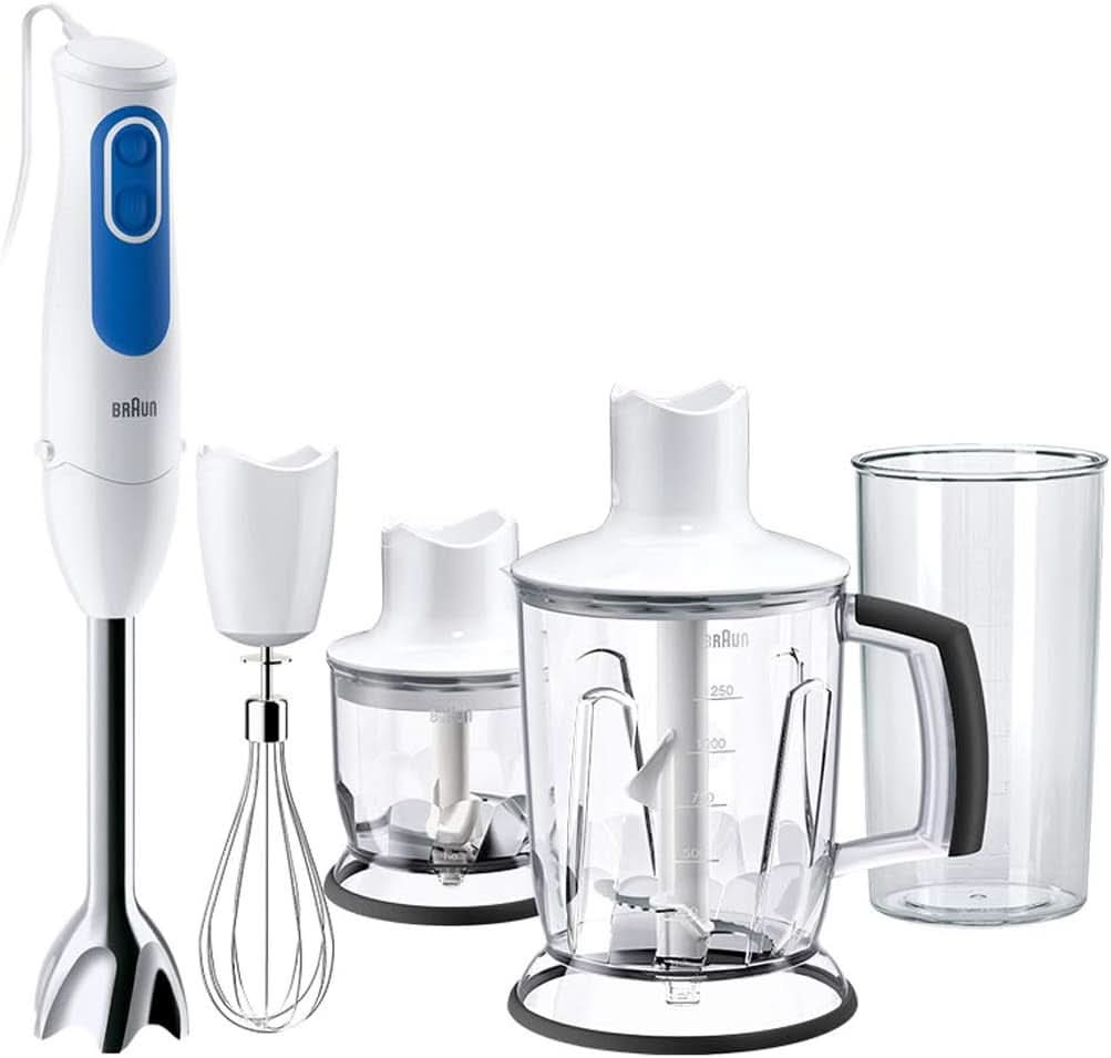 Braun Multiquick 3 MQ 3000 Smoothie+ Stabmixer – Pürierstab Mit 2 Geschwindigkeiten, Powerbell plus et Splashcontrol-Technologie, 700 Watt, Inkl. 600 ml Mix- & Messbecher, Blau/Weiß Kitchen Naty Shop Mq3045 Apéritif