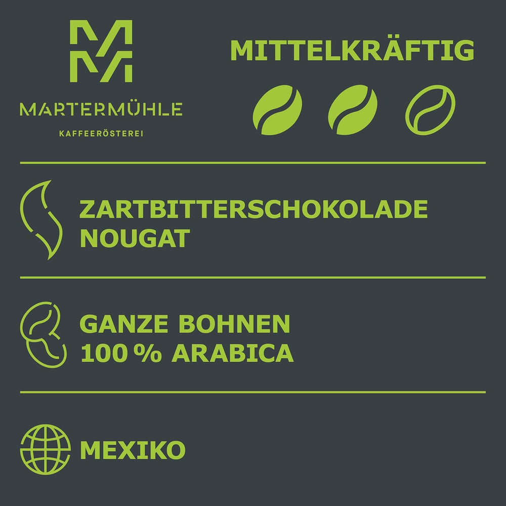 Martermühle Mexiko Bio Espressobohnen entkoffeiniert 1kg mittelkräftig I Arabica I Saveur : Nougat, Zartbitterschokolade I Ganze Bio Espresso-Bohnen schonend geröstet, säurearm