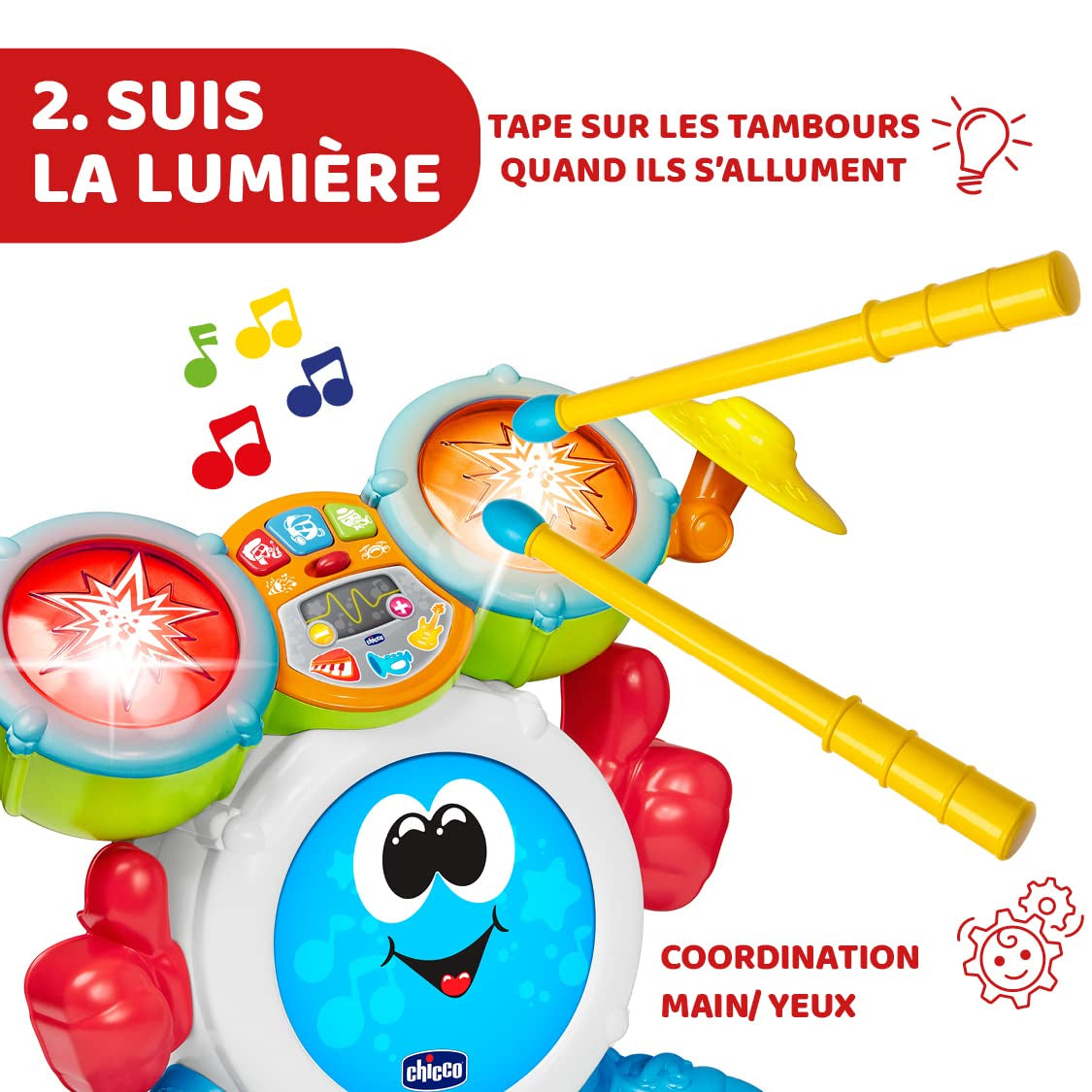 Chicco 00009820100000 Mi First Batterie avec lumières et sons, 3 modes de jeu, instrument de musique avec batterie pour enfants, multicolore, grand Jucarii Bebe Naty Shop