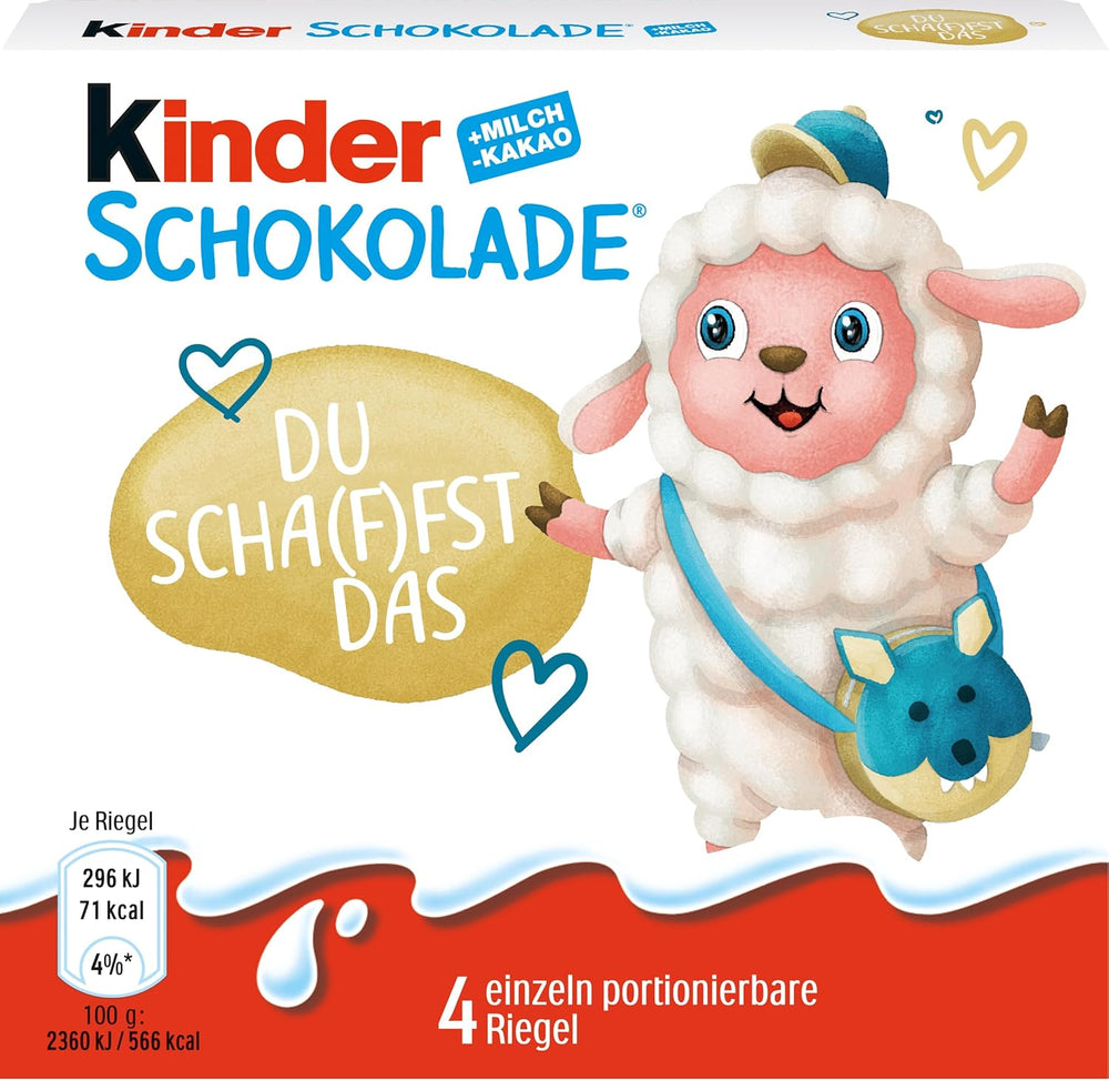 Kinder Chocolate (20 x 50 g) – Cadeau de Saint-Valentin pour elle et lui, bonbons Carnaval et Mardi Gras – Barres de chocolat au lait fourrées – 20 paquets de 4 barres individuelles chacune