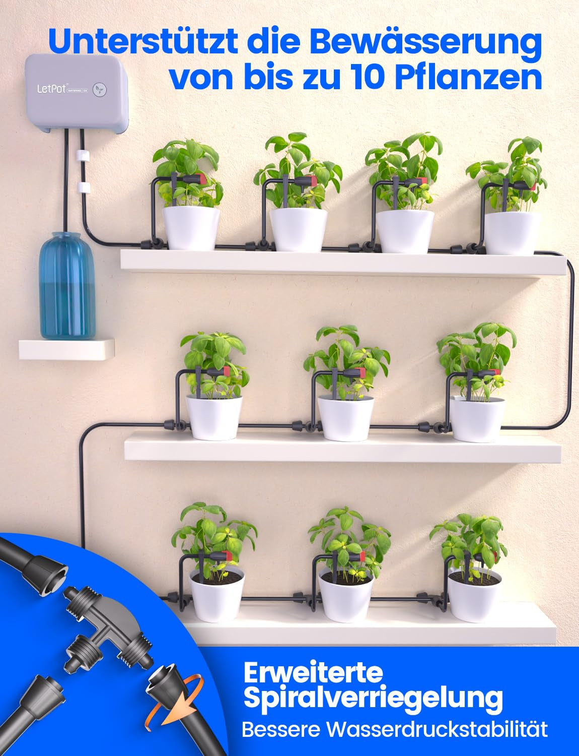 Système d'arrosage automatique d'intérieur WiFi – Système d'irrigation goutte à goutte intelligent avec contrôle par application, ordinateur d'arrosage pour 10 plantes d'intérieur, arrosage de vacances et arrosage des plantes (gris)