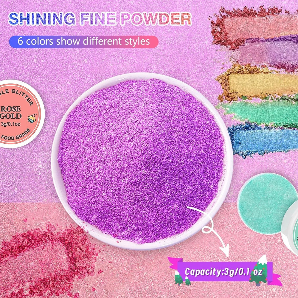 Paillettes comestibles 6 x 3 g, paillettes comestibles pour boissons, paillettes alimentaires, ensemble de 6 couleurs, poudre de paillettes, paillettes de cuisson pour chocolat, fraise, gâteaux, fondant, boissons, sans odeur, végétalien