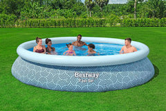Set piscină supraterană Bestway Fast Set cu pompă de filtrare, Ø 396 x 84 cm, 7.340 litri, material TriTech cu 3 straturi, design grafic cu linii, autoasamblare, pompă de filtrare, cartuș de filtrare, plasture de reparare
