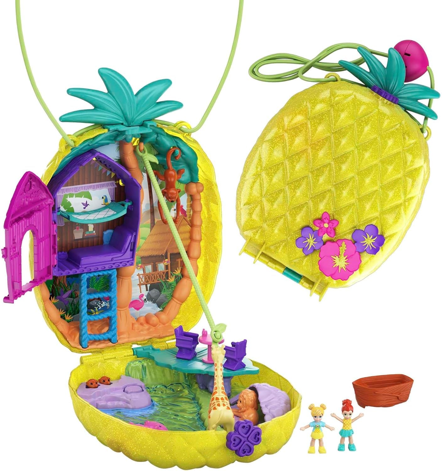 Polly Pocket GKJ64 - Pineapple Pocket Compact portable avec 8 fonctionnalités amusantes, des poupées Polly et Lila, 2 accessoires et une feuille d'autocollants ; jouet pour enfants à partir de 4 ans