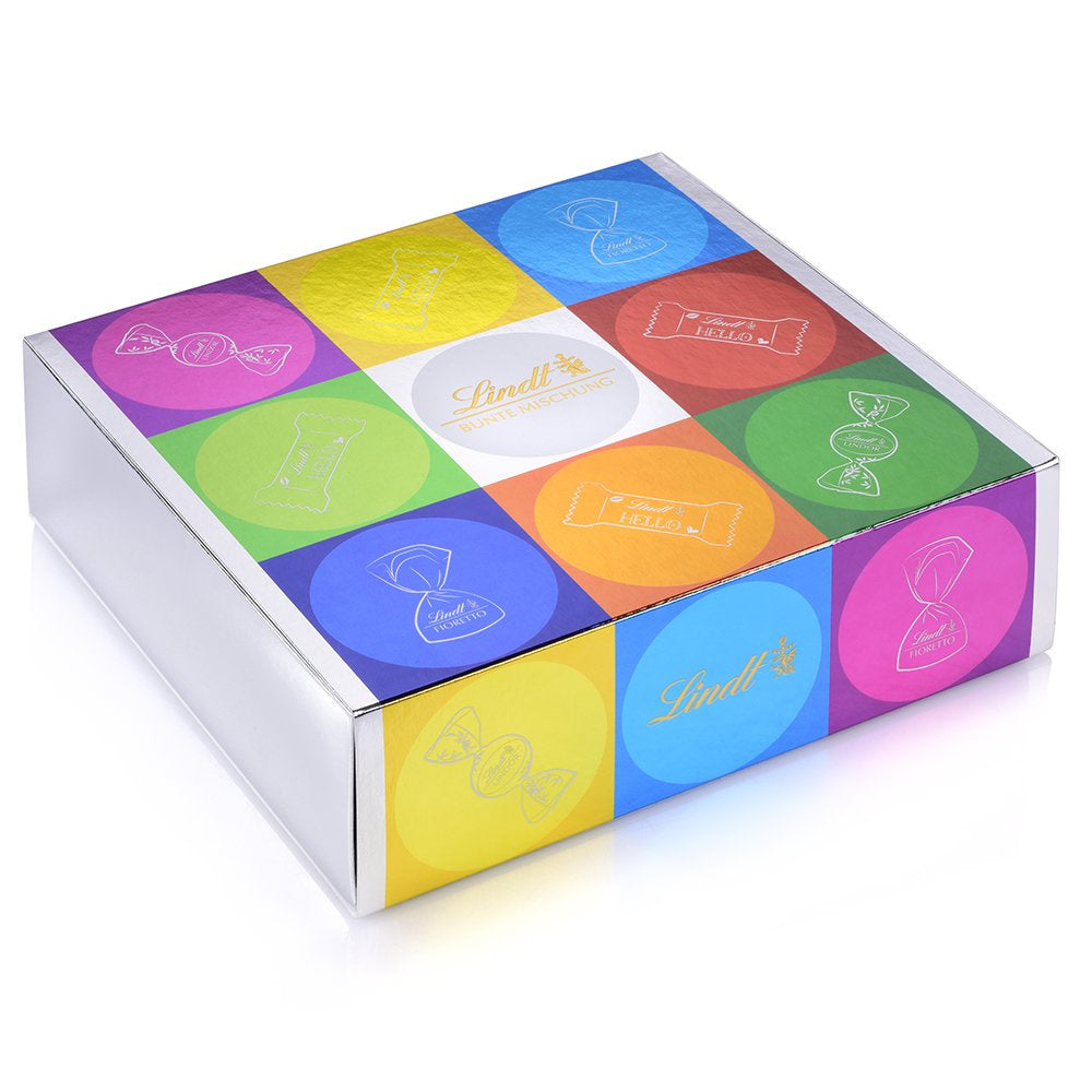 Assortiment de chocolat (37 boules LINDOR, 24 bâtonnets Hello Mini, 10 Mini Fioretto), cadeau chocolat (1 x 815 g) et HELLO Mini Emoti, chocolat au lait en 5 motifs d'émoticônes, 164 g