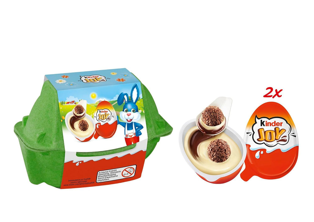 Kinder Joy pack de 2 - Une moitié avec une délicieuse crème de lait et de cacao et des boules croquantes, et l'autre moitié avec une belle surprise - Chocolat de Pâques, bonbons de Pâques - Cadeau de Pâques - 40g