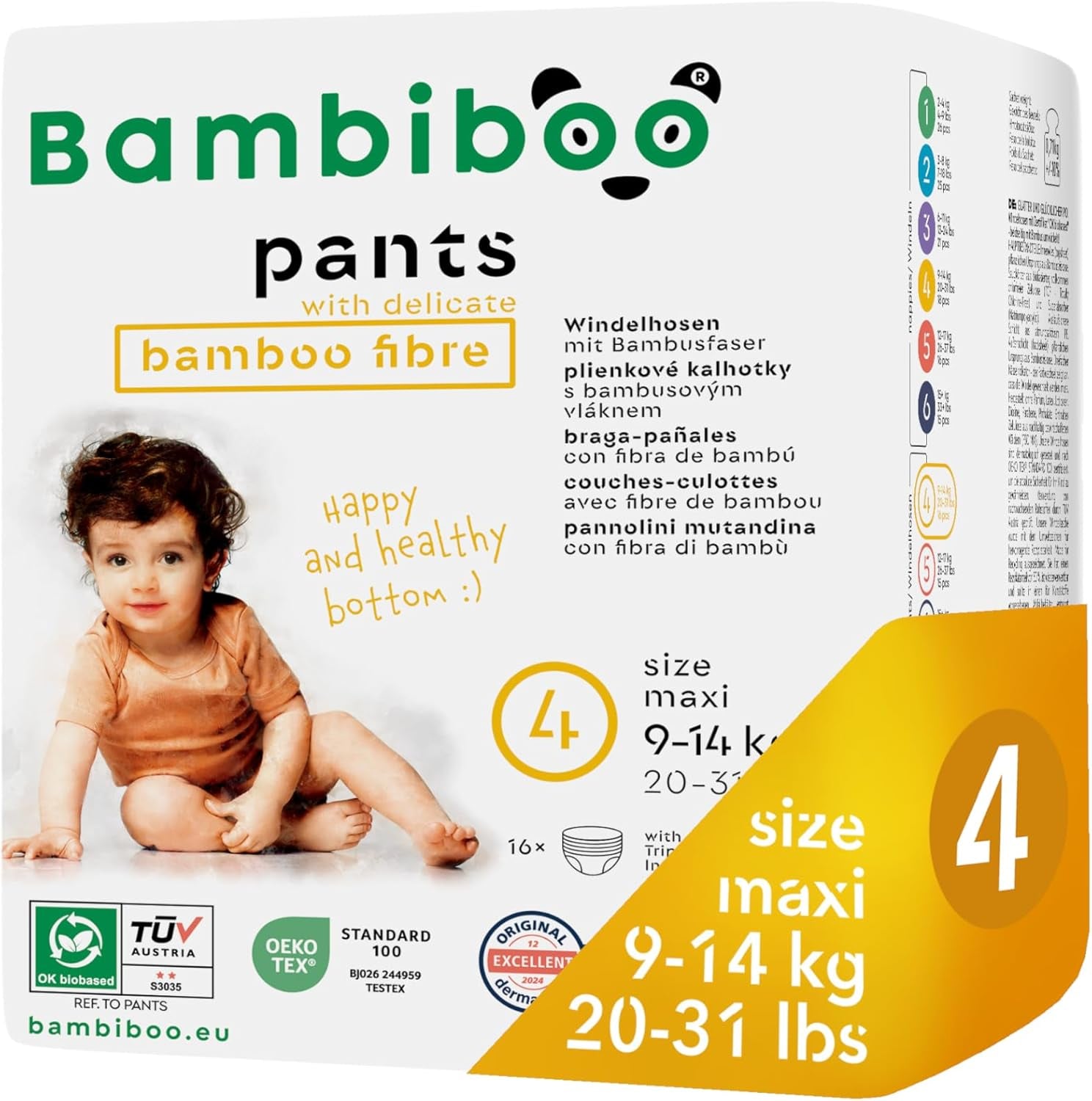 Bambiboo Couches jetables, respectueuses de la peau, fibre de bambou fine - Couches pour bébé - Couvre-couches jetables - Protection de la peau sensible - Très absorbante - Taille 4 (Maxi), 16 pièces