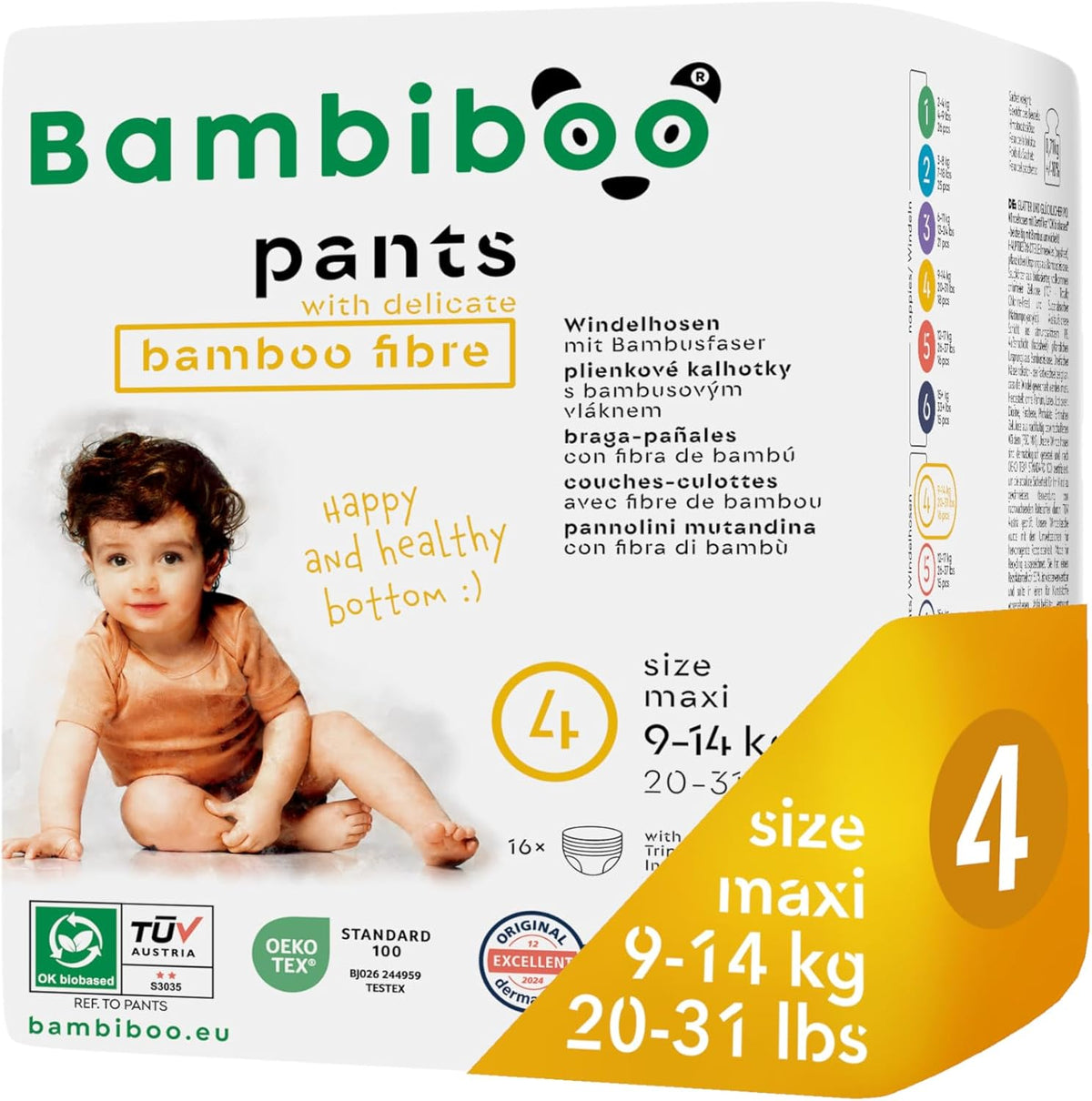 Bambiboo Couches jetables, respectueuses de la peau, fibre de bambou fine - Couches pour bébé - Couvre-couches jetables - Protection de la peau sensible - Très absorbante - Taille 4 (Maxi), 16 pièces