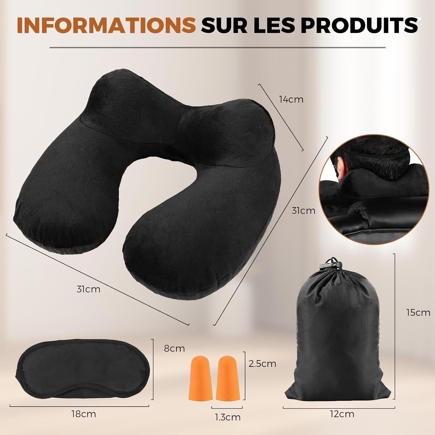 Oreiller de Voyage Gonflable, Oreiller de Voyage avec Masque de Sommeil + Bouchons d'Oreilles + Sac de Transport, Super Léger et Portable, Idéal pour Avion, Voiture, Maison, Bureau, Noir Naty Shop Oreillers de Voyage
