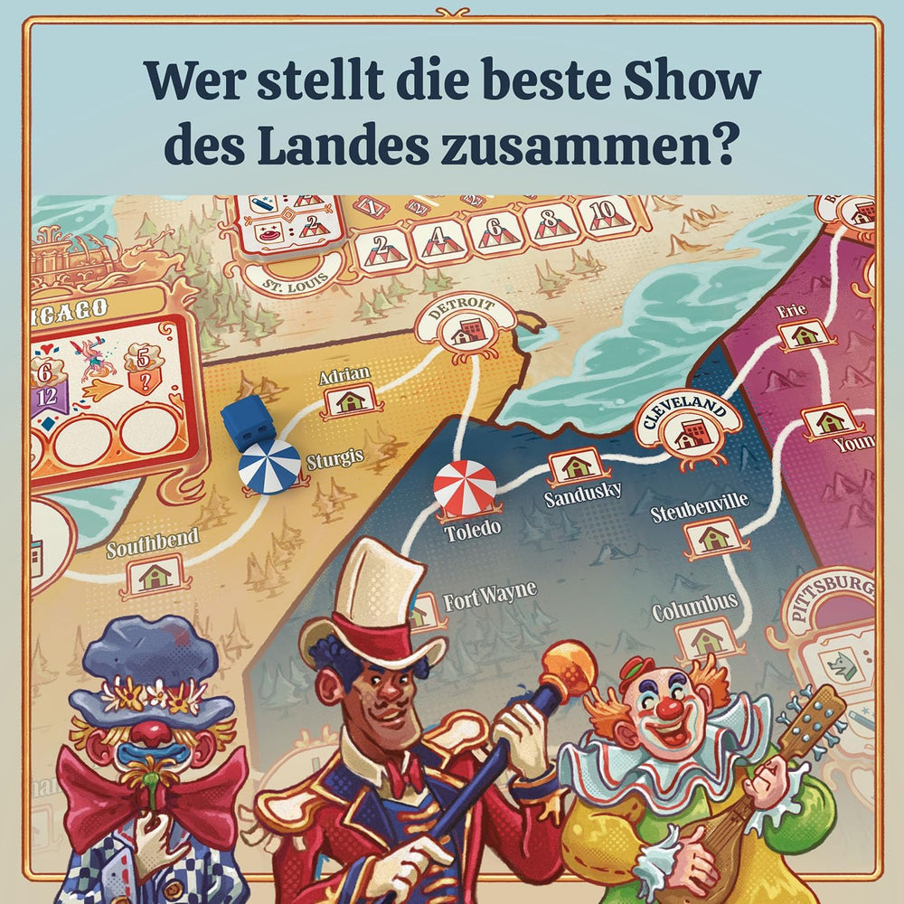KOSMOS 684648 Jeu de société de cirque à 3 anneaux pour adultes, 12 ans et plus, jeu de stratégie, jeu de fête pour 1 à 4 joueurs, cirque itinérant des États-Unis, fin du 19e siècle
