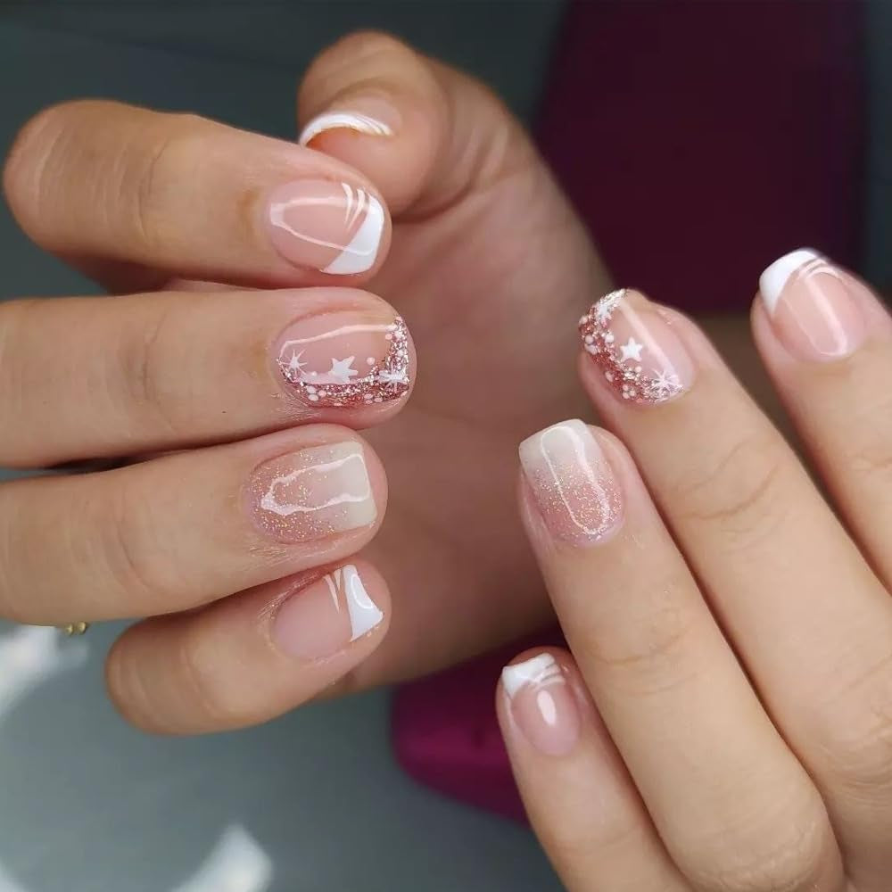 Ensemble de faux ongles adhésifs – Faux ongles français – 24 pièces, design carré court, ongles artificiels dégradés blanc et rose, manucure ballerine (dégradé rose court)
