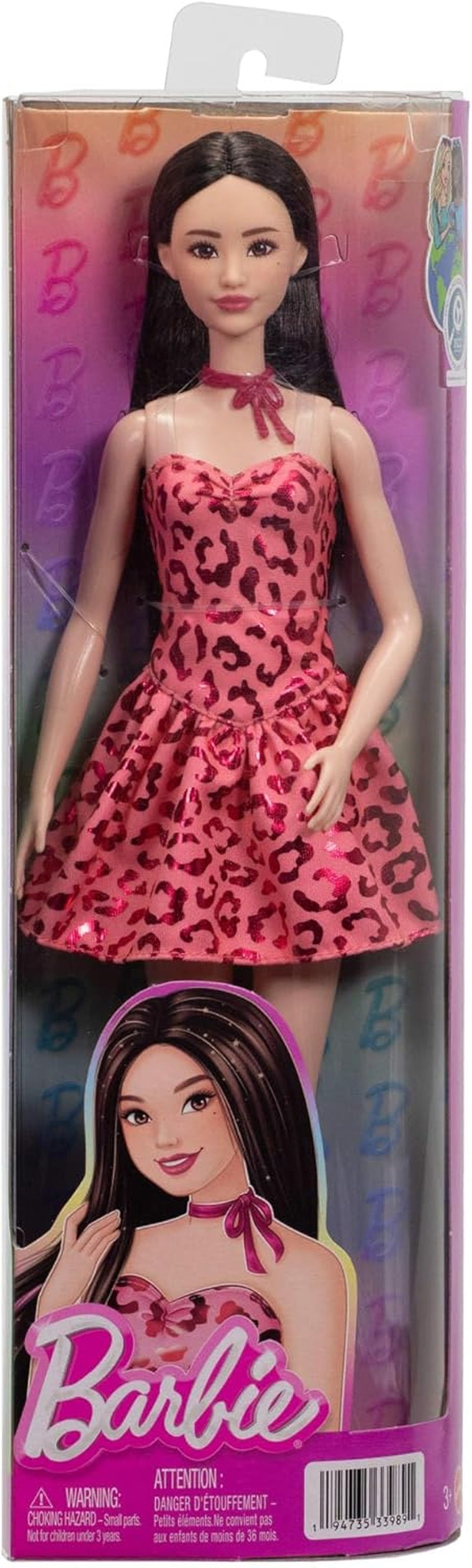 Barbie Fashionistas Puppe Nr. 246 in einem rosa, trägerlosen Kleid mit Leopardenmuster, mit schwarzem Haar und Zubehörteilen wie einem Schleifenhalsband und Stiefeln, JJN59