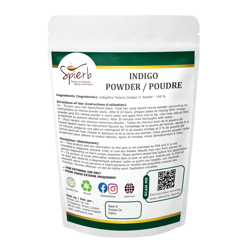 Poudre d'indigo (250 g / 8,8 oz / 0,55 lb) pour cheveux à utiliser avec de la poudre de henné pour teindre les cheveux noirs - 100 % pure et naturelle de feuilles d'indigofera tinctoria en poudre pour teinture capillaire Naty Shop