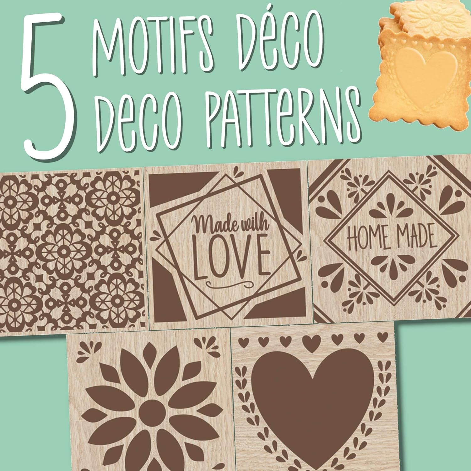 COOKING LEAVES 5139 Tampon décoratif en bois pour pâtisserie, maison avec 1 emporte-pièce, emporte-pièce et cube décoratif en relief sur 5 faces 5139