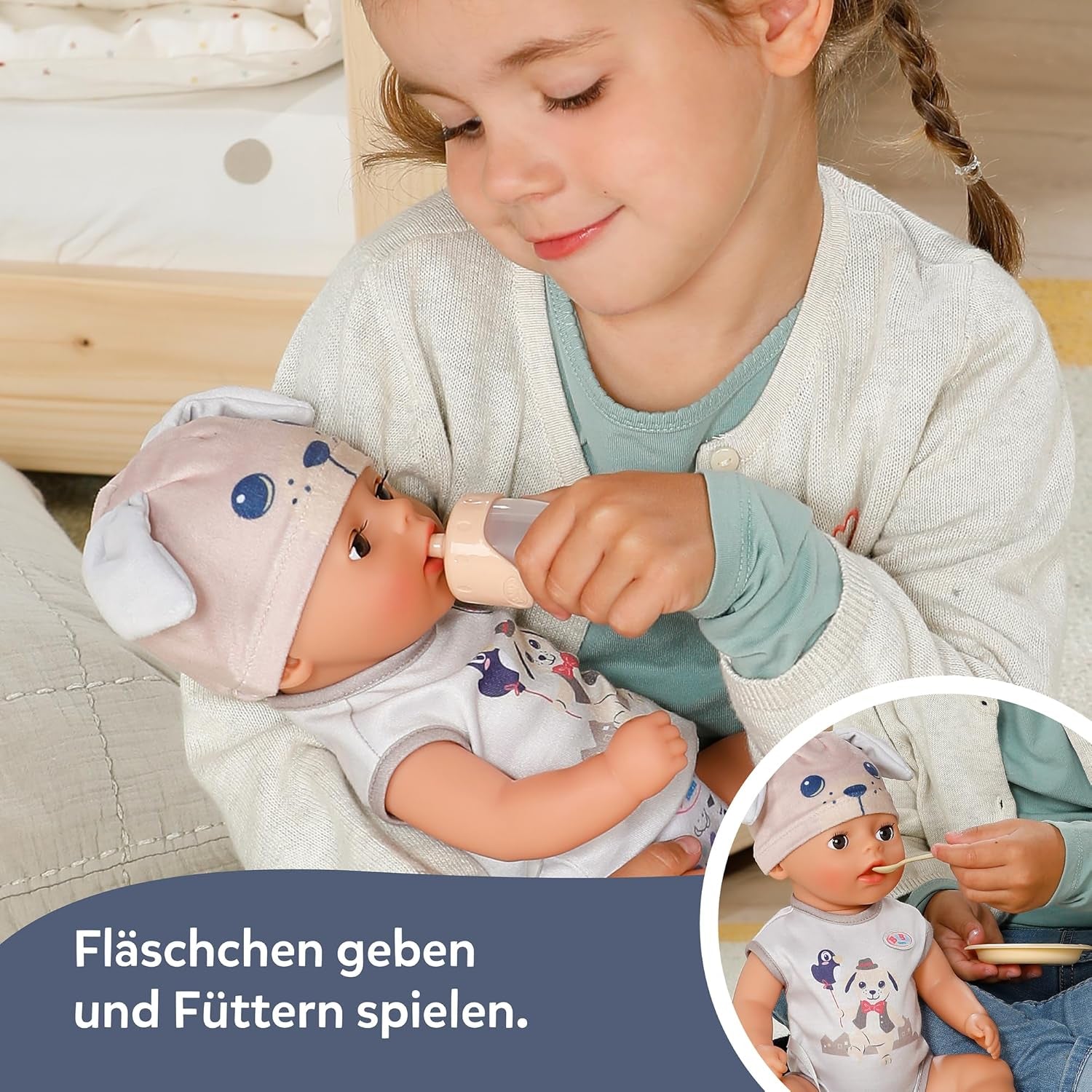 BABY Born Lukas in Strampler mit Hundemotiv, 36 cm große Puppe mit 7 Funktionen für Kinder ab 1 Jahr