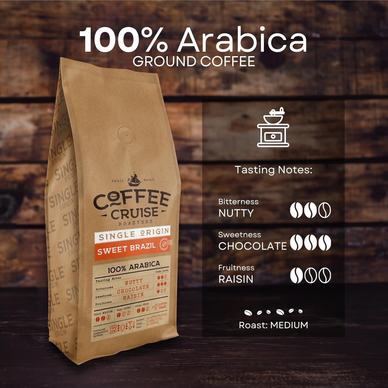 COFFEE CRUISE Sweet Brazil Brasilianische Kaffeebohnen 1kg - Mittlere Röstung - Aroma Kakao und Schokolade - Pour toutes les machines à café - 100% arabe
